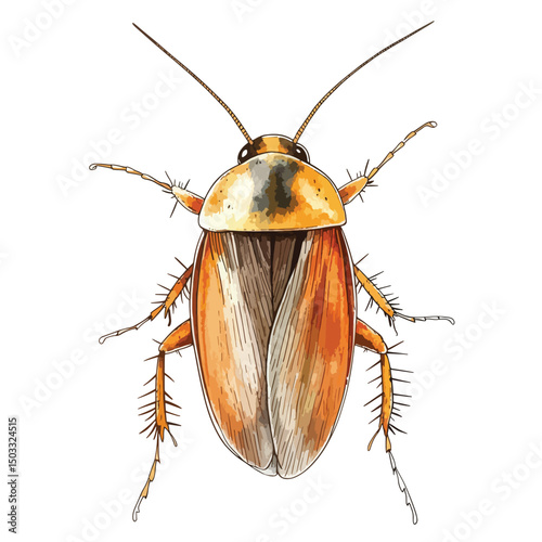 Detailed Watercolor Illustration of a Cockroach with Antennae and Legs