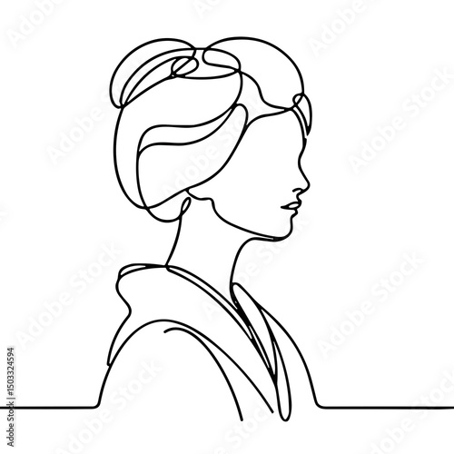 One-line drawing of a woman side profile with elaborate hairstyle  
