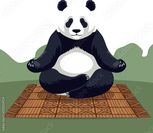 Panda meditating in lotus pose on patterned mat with green background vector illustration 
