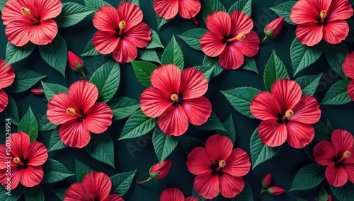 Vibrant hibiscus blossoms, lush leaves, repeating pattern , bloom, blossom