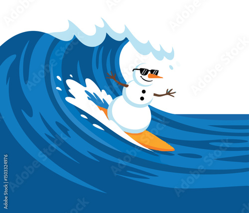 Snowman Surfing Big Blue Ocean Wave Cartoon Vector Illustration Fun Summer Sport 