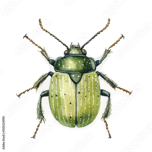 Detailed Watercolor Illustration of a Green Beetle