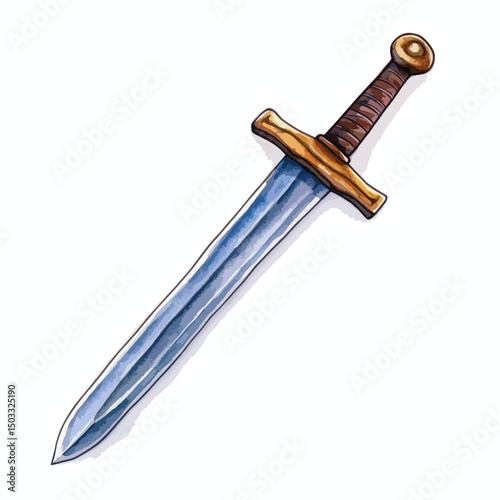 Detailed Watercolor Illustration of a Medieval Sword with Golden Hilt (1)