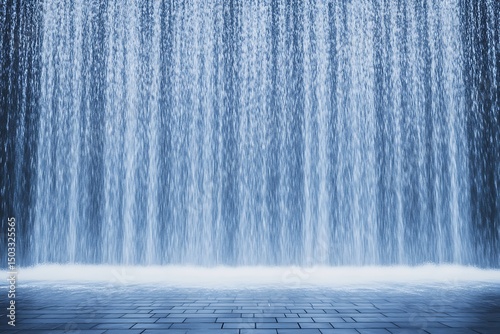 Abstract waterfall curtain effect on paved ground, creating a serene and tranquil natural water feature