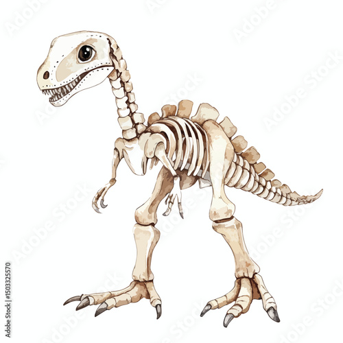 Detailed Watercolor Illustration of a Tyrannosaurus Rex Skeleton in Profile