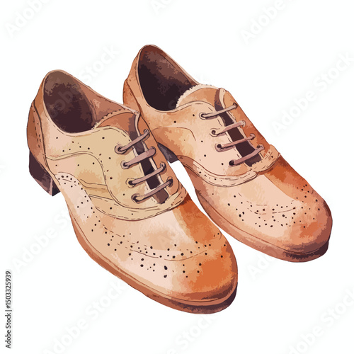 Detailed Watercolor Illustration of Two Tan Brogue Oxford Shoes