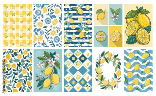 Fresh Lemon & Blue Tile Vector Set: Seamless Patterns, Botanicals & Decorative Elements