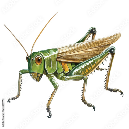 Detailed Watercolor Painting of a Green and Brown Grasshopper with Long Antennae