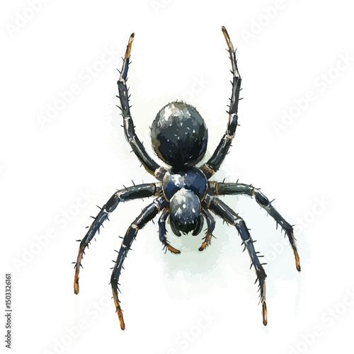 Detailed watercolorstyle illustration of a dark spider with spiky legs