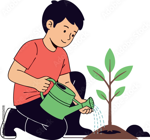Boy watering young plant with green watering can gardening activity vector 