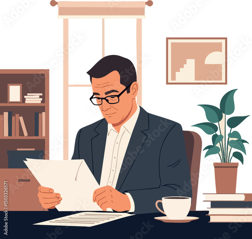 Man in business suit reading documents at office desk with books and plant vector illustration 