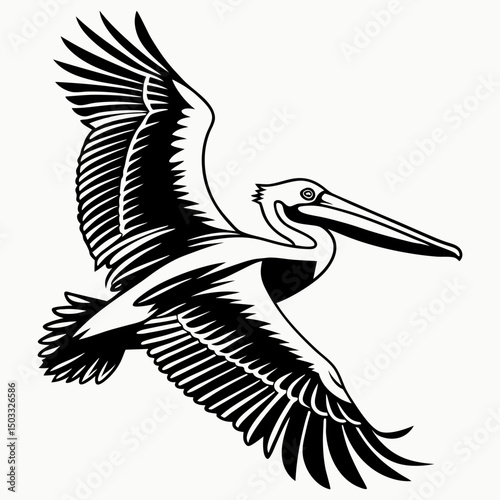 Distinctive Pelican silhouette vector icon, captured in flight showcasing its iconic large bill and pouch. This clean, black graphic is perfect for coastal, tropical, or unique wildlife themes. 
