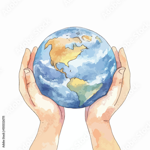 Earth Held Gently in Caring Hands a Watercolor Depiction