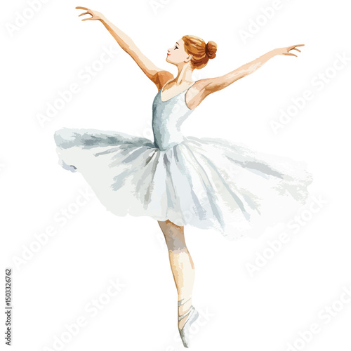 Elegant Ballerina in White Tutu with Arms Raised in Graceful Pose