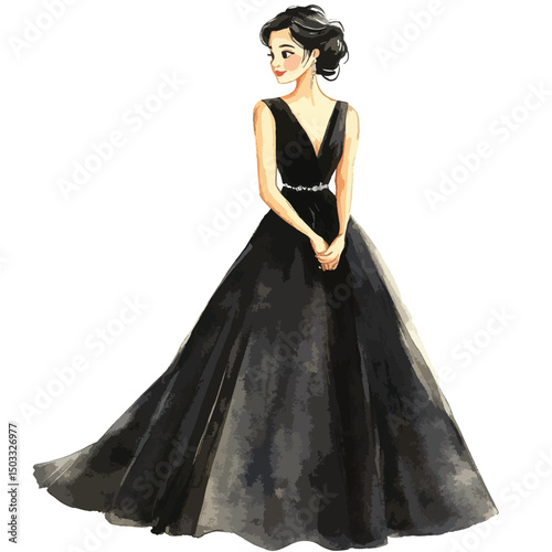 Elegant Watercolor Portrait of a Woman in a Black Gown