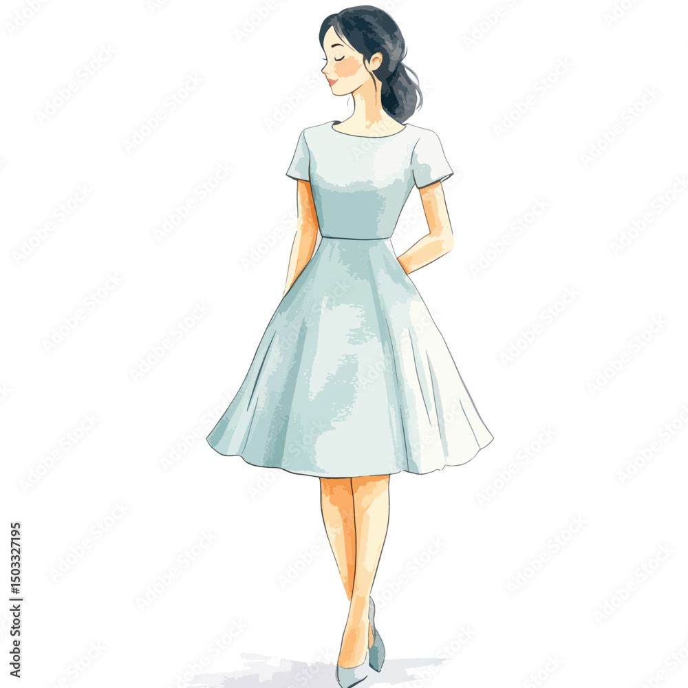 Elegant Woman in Watercolor Style Dress with Ponytail and Closed Eyes Elegant Woman in Watercolor Style Dress with Ponytail and Closed Eyes