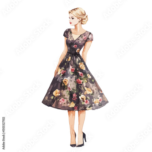 Elegant Woman in Floral Dress Side Profile Watercolor Illustration