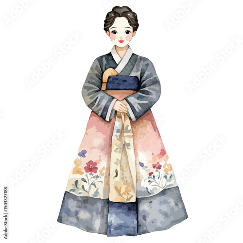 Elegant Woman in Traditional Korean Hanbok with Floral Skirt Detail
