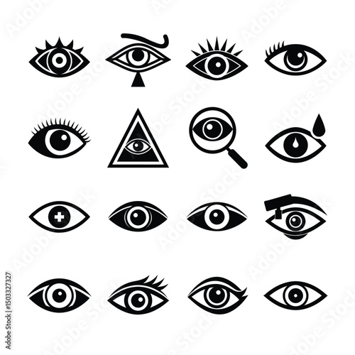 Eye Icons Set Featuring Vision Optic and Eye Contact Symbol in Flat Design vector silhouette