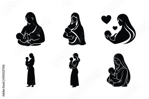 Mother Breastfeeding Baby Silhouette Set for Parenthood Maternity and Care Design vector silhouette