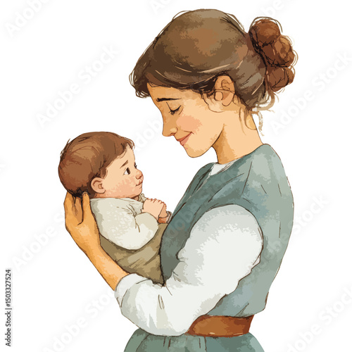Gentle Mother Gazing Lovingly at Her Newborn Baby in Her Arms