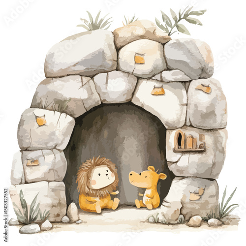 Gentle Lion and Dog Companions in a Cave Home