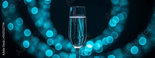 A sparkling glass of champagne rests on a table, surrounded by ambient blue lighting for a festive ambiance.

