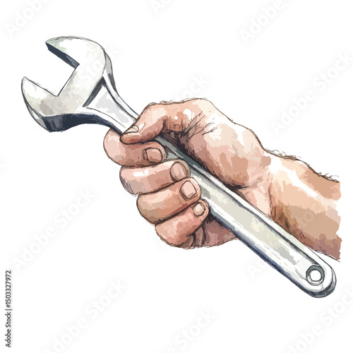 Hand holding a shiny adjustable wrench tool for repair and maintenance