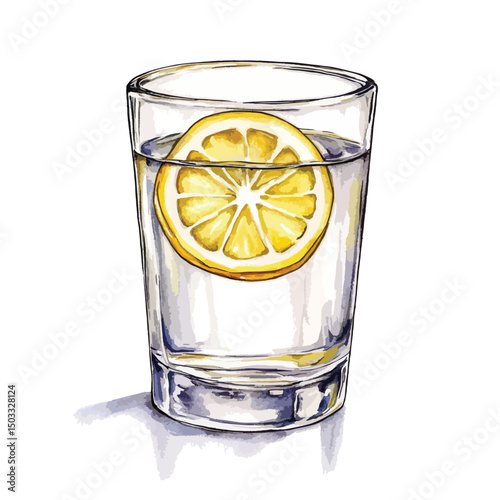 HandDrawn Watercolor Glass of Water with Lemon Slice