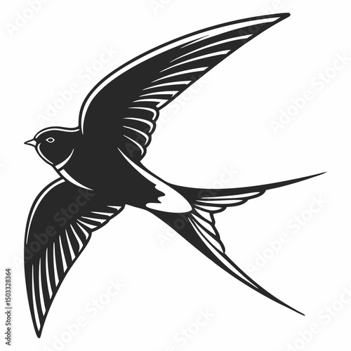 Elegant Swallow silhouette vector icon, captured in its characteristic swift and agile flight. This clean, black graphic highlights its distinctive pointed wings and forked tail. Ideal for spring them