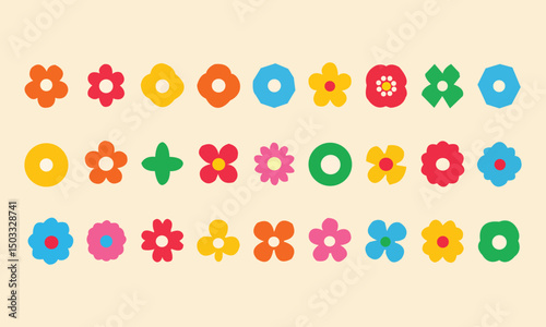 Set of brutal geometric playful flower star shapes in minimalistic retro . Brutalist basic figures. design elements.