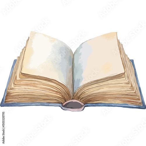 Open blue book with aged pages and a pink spine viewed from a low angle