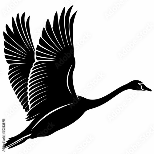 Graceful Swan silhouette vector icon, captured in elegant flight with its long neck extended. This clean, black graphic embodies beauty, love, and serenity. Ideal for wedding themes, luxury brands