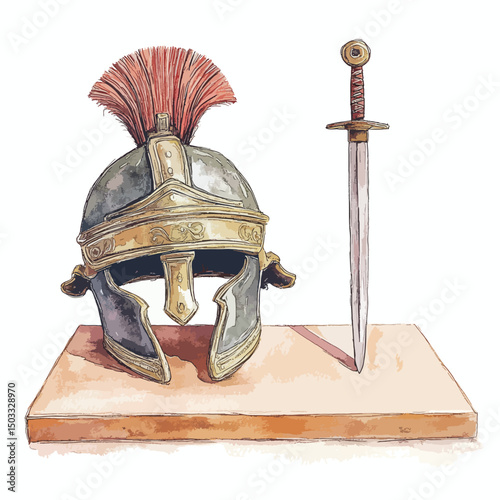 Ornate Roman Helmet and Sword on a Display Stand
