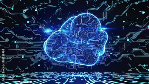 Futuristic AI Brain with Glowing Circuit Networks - Digital Artificial Intelligence Technology Background Animation