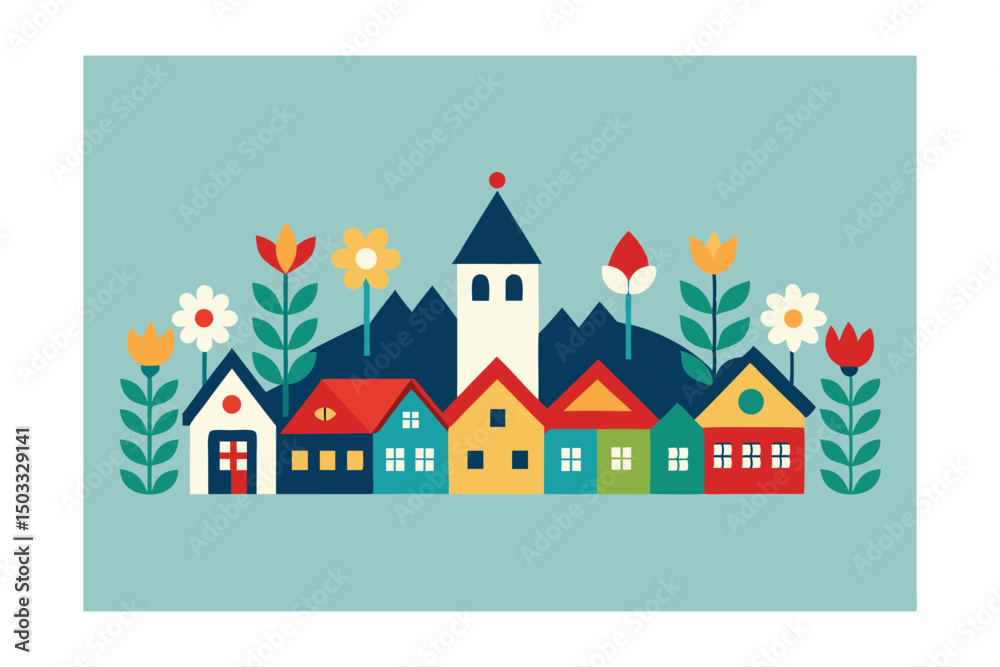 scandinavian village with floral