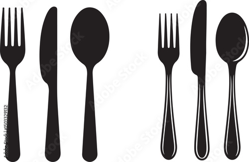 Black silhouettes of cutlery including forks, knives, and spoons, ideal for food, dining, and restaurant-themed designs.