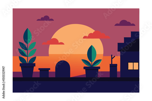 rooftop sunset scene with plants