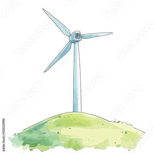 Pastel Wind Turbine on a Hillside Meadow