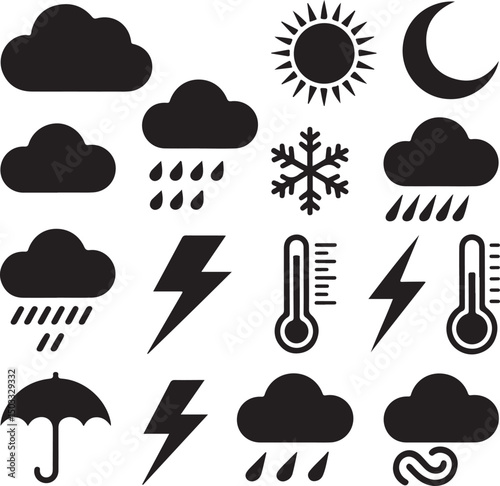 Black weather icons including clouds, sun, rain, snow, lightning, and temperature symbols, ideal for weather, meteorology, and climate-related designs.
