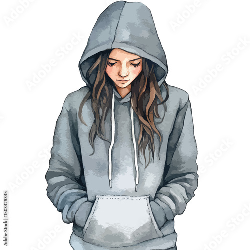 Pensive Girl in a Gray Hoodie with Long Hair
