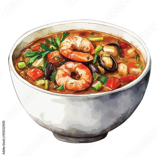 Seafood Stew with Shrimp and Mussels in a White Bowl Watercolor Style