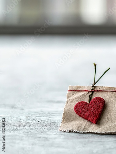 Red Knit Heart on Rustic Paper Note on Wooden Table