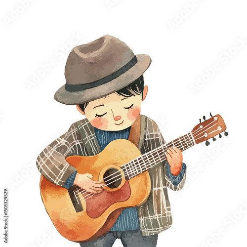 Serene Boy in Hat Playing Acoustic Guitar