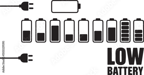 Battery charging progress illustration with "LOW BATTERY" text, ideal for technology, power, and energy-related designs.