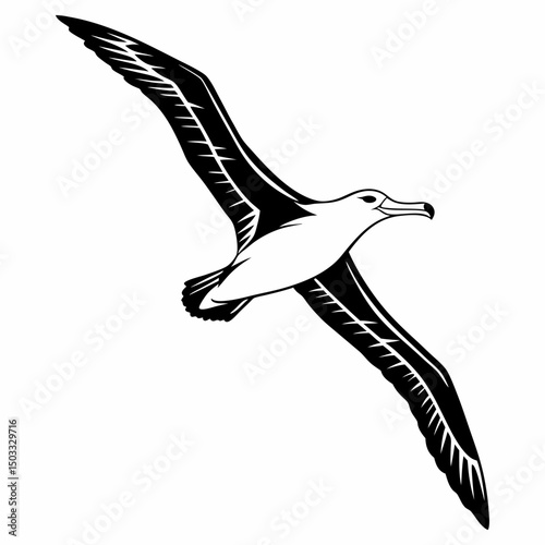 Majestic Albatross silhouette vector icon, captured in its effortless oceanic soar, showcasing its remarkable long wings. This clean, black graphic symbolizes endurance, long journeys, and the open 