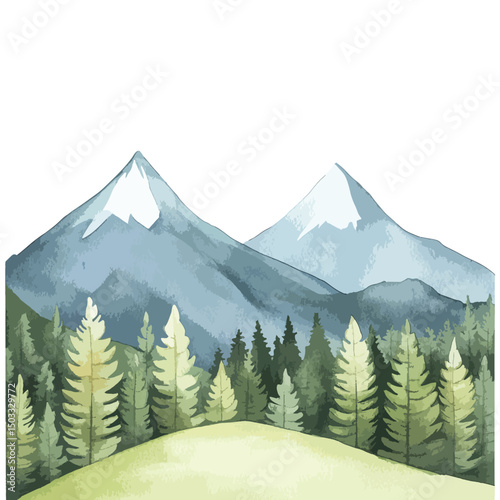 Serene Watercolor Landscape Twin Peaks and Evergreen Forest