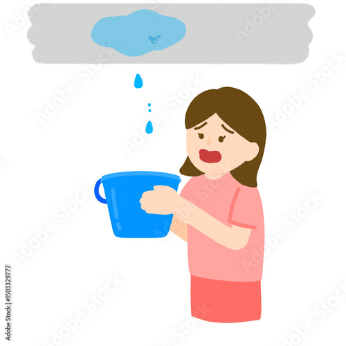 天井が雨もりをして困っている女性のイラスト