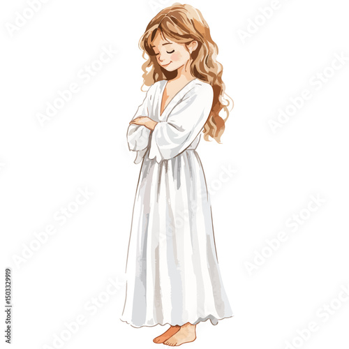 Serene young woman with flowing blonde hair in a white dress