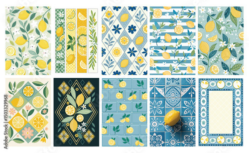 Mediterranean Summer Bliss: Lemon Fruit, Flower & Assorted Tile Pattern Assortment